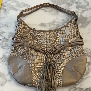 Pietro Alessandro Metallic Taupe Croc-Embossed Satchel with Tassel